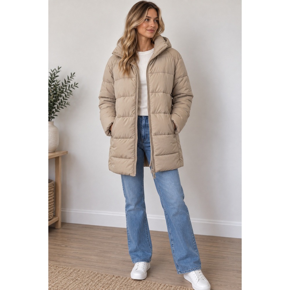 Hollister Tan Puffer Jacket Womens Hooded Full Zip Quilted Coat
